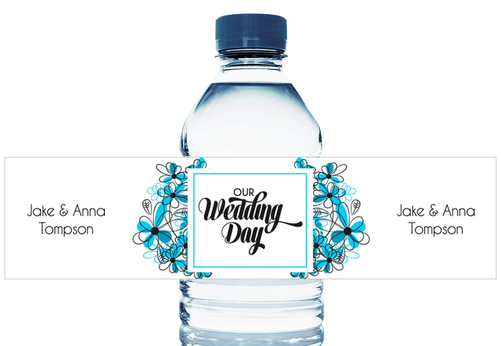 Blue Floral Personalized Wedding Water Bottle Labels
