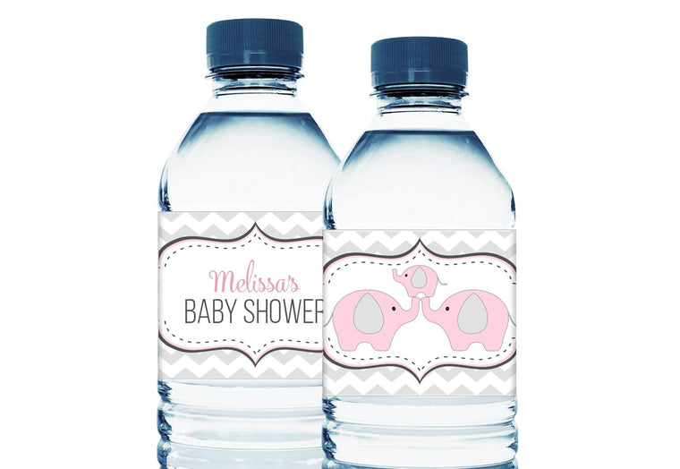 Chevron Elephant Personalized Girl Baby Shower Water Bottle Stickers