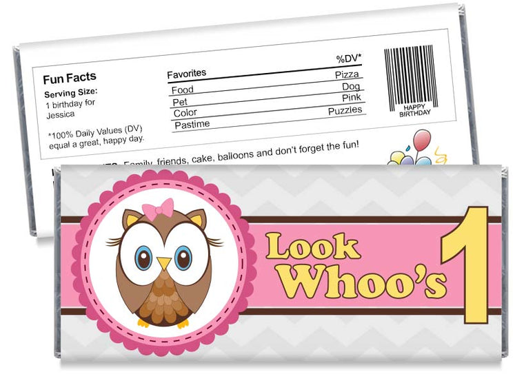 Owl Looks Whoo's 1 Girl Birthday Candy Bar Wrappers