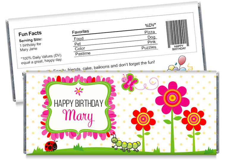 Flowers Bugs and Butterflies Girl Birthday Candy Bar Wrappers