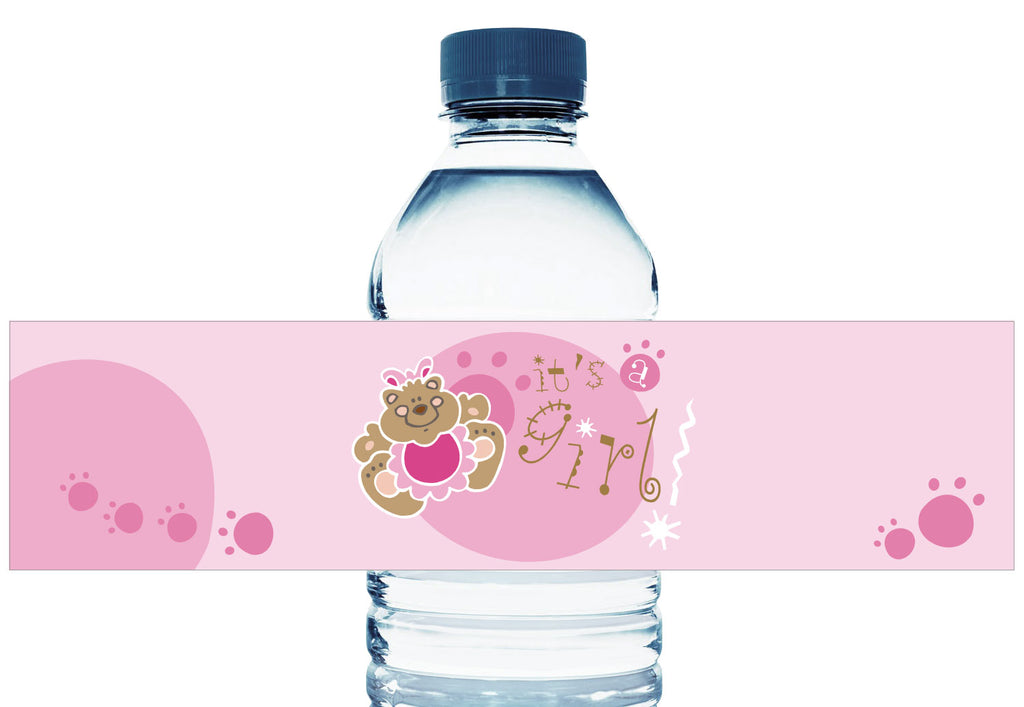 Pink Teddy Bear Personalized Girl Baby Shower Water Bottle Labels