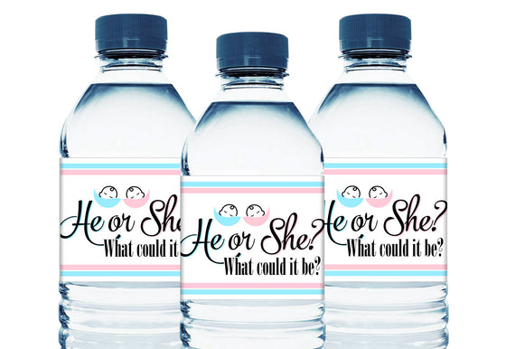 He or She? Personalized Gender Reveal Baby Shower Water Bottle Labels