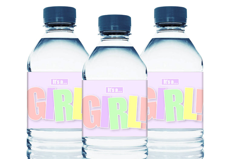 Pastel It's a Girl Personalized Girl Baby Shower Water Bottle Labels