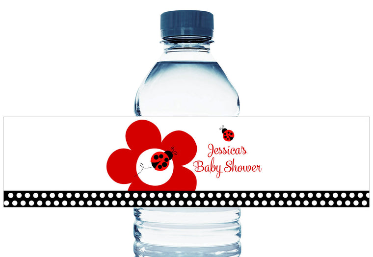 Lady Bug Dots Personalized Girl Baby Shower Water Bottle Labels