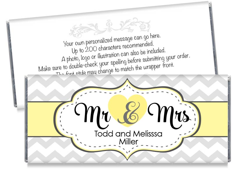 Yellow Mr and Mrs Heart Wedding Candy Bar Wrappers