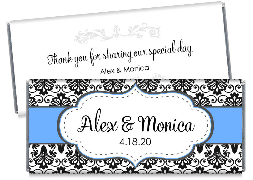 Black Paisley with Blue Banner Wedding Candy Bar Wrappers