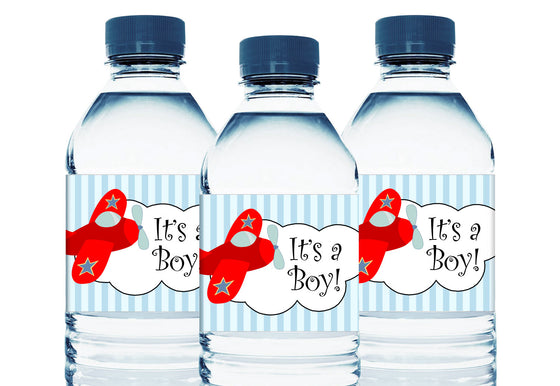 Plane Personalized Boy Baby Shower Water Bottle Labels
