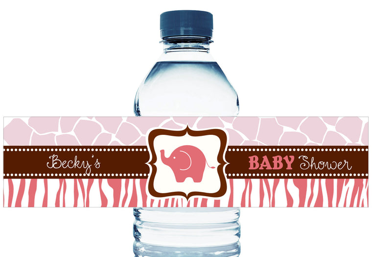 Safari Elephant Personalized Girl Baby Shower Water Bottle Labels