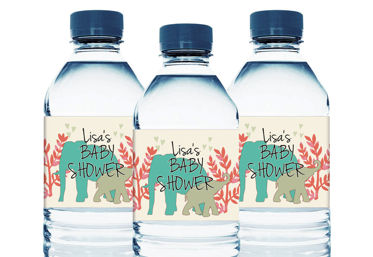 Jungle Safari Elephants Personalized Baby Shower Water Bottle Labels