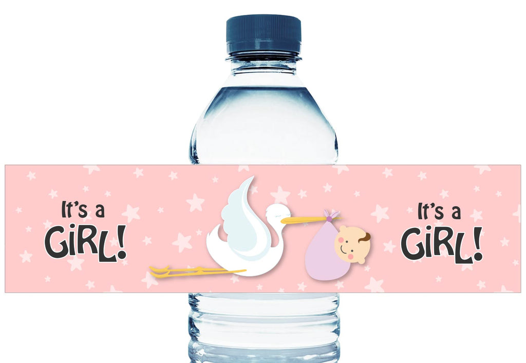 Stork Personalized Girl Baby Shower Water Bottle Labels