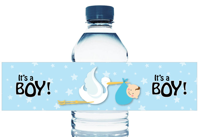 Stork Baby Personalized Boy Baby Shower Water Bottle Labels