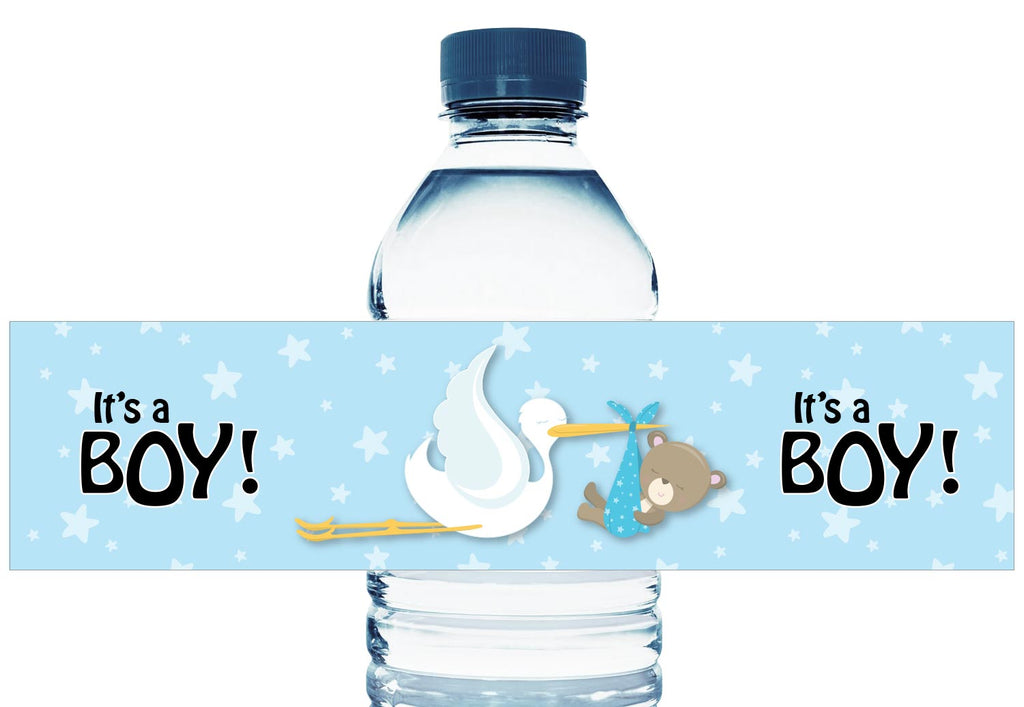 Stork Teddy Personalized Boy Baby Shower Water Bottle Labels