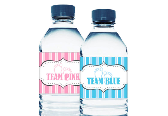 Team Pink Team Blue Stripes Gender Reveal Baby Shower Water Bottle Labels