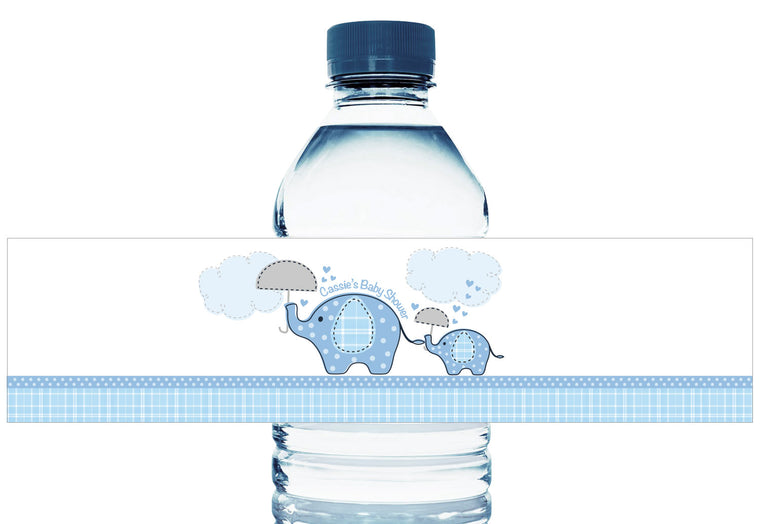 Umbrella Elephants Boy Personalized Boy Baby Shower Water Bottle Labels